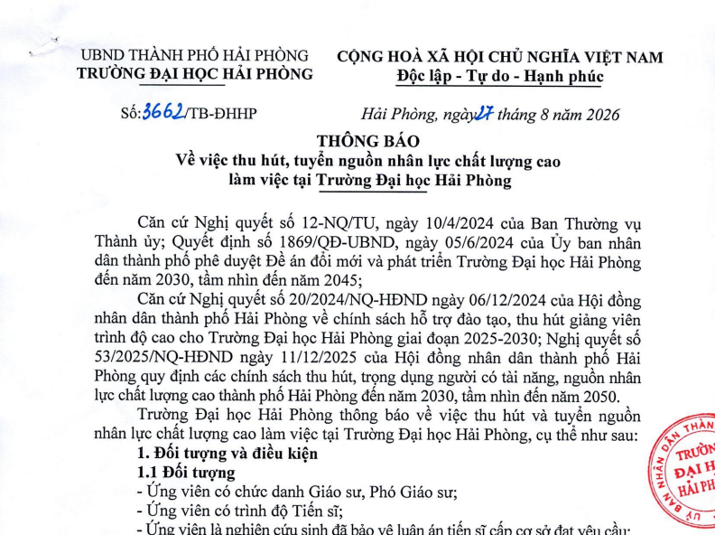 Thông báo Về việc thu hút, tuyển nguồn nhân lực chất lượng cao làm việc tại Trường Đại học Hải Phòng